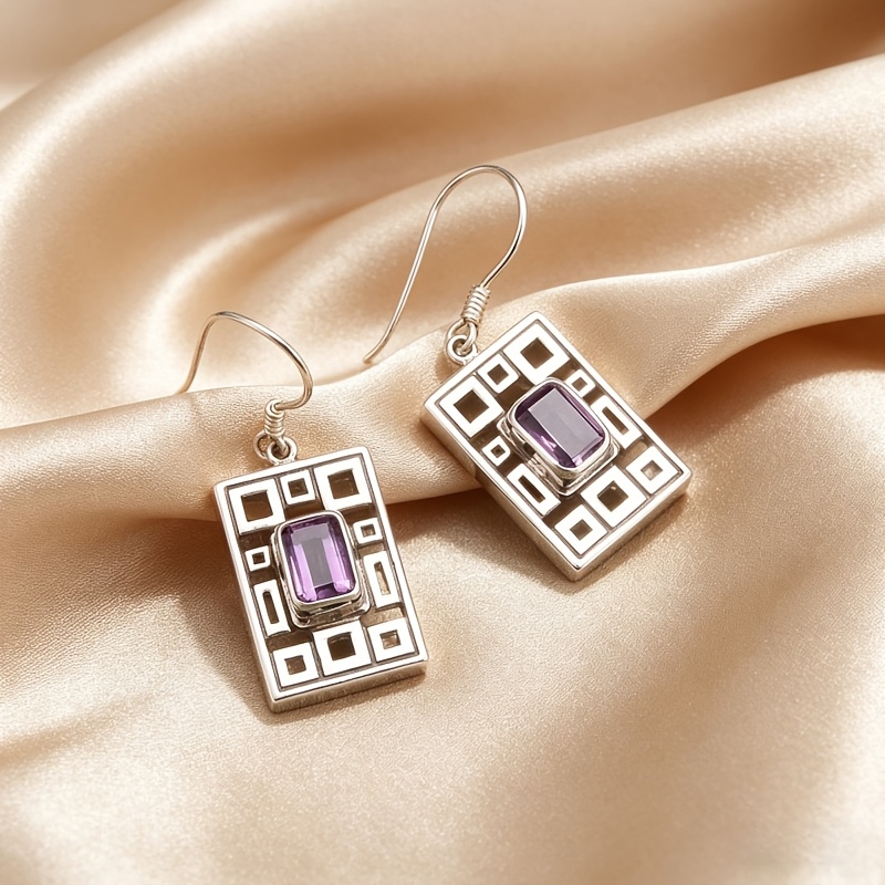 Women's Geometric Purple Cubic Zirconia Pendant Earrings with Retro Box Design
